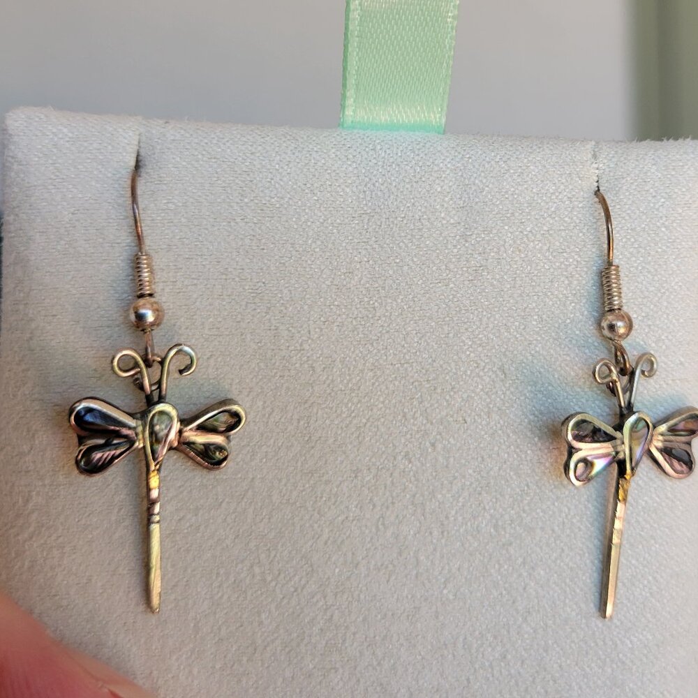 Dragonfly Abalone Shell In Silver Dangle Earrings - Picture 2 of 5